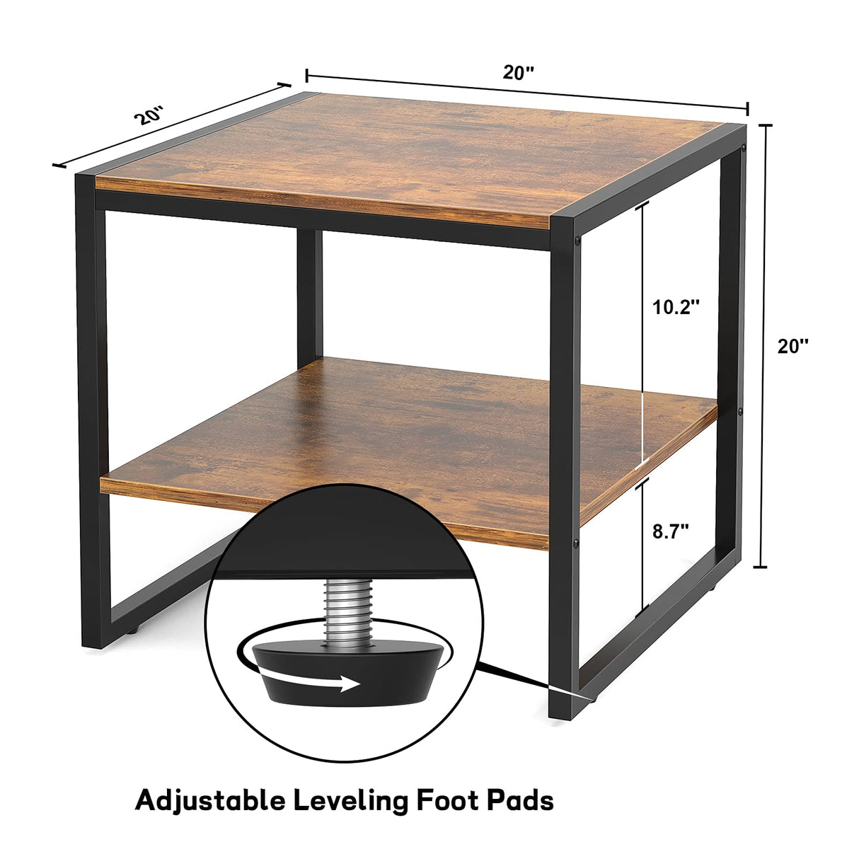 End Table, 20 Inch Square Side Table Modern Night Stand with 2-Tier Storage Shelf