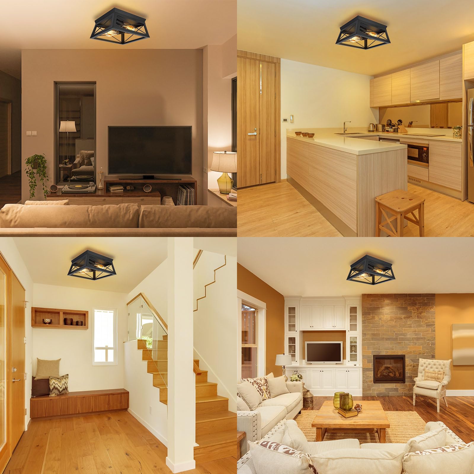 Black Flush Mount Ceiling Light, 2 Bulb Farmhouse Ceiling Light Fixture