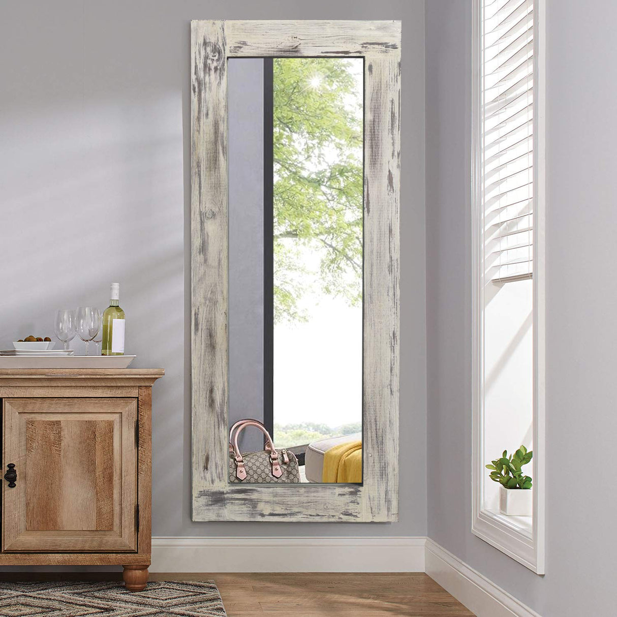 Full Length Mirror Floor Mirror Wood Frame Wall Mounted Mirror Distressed Style Wide Frame Dressing Make Up Mirror for Bathroom/Bedroom/Living Room/Entry/Farmhouse (Light Gray, 58" x 24")