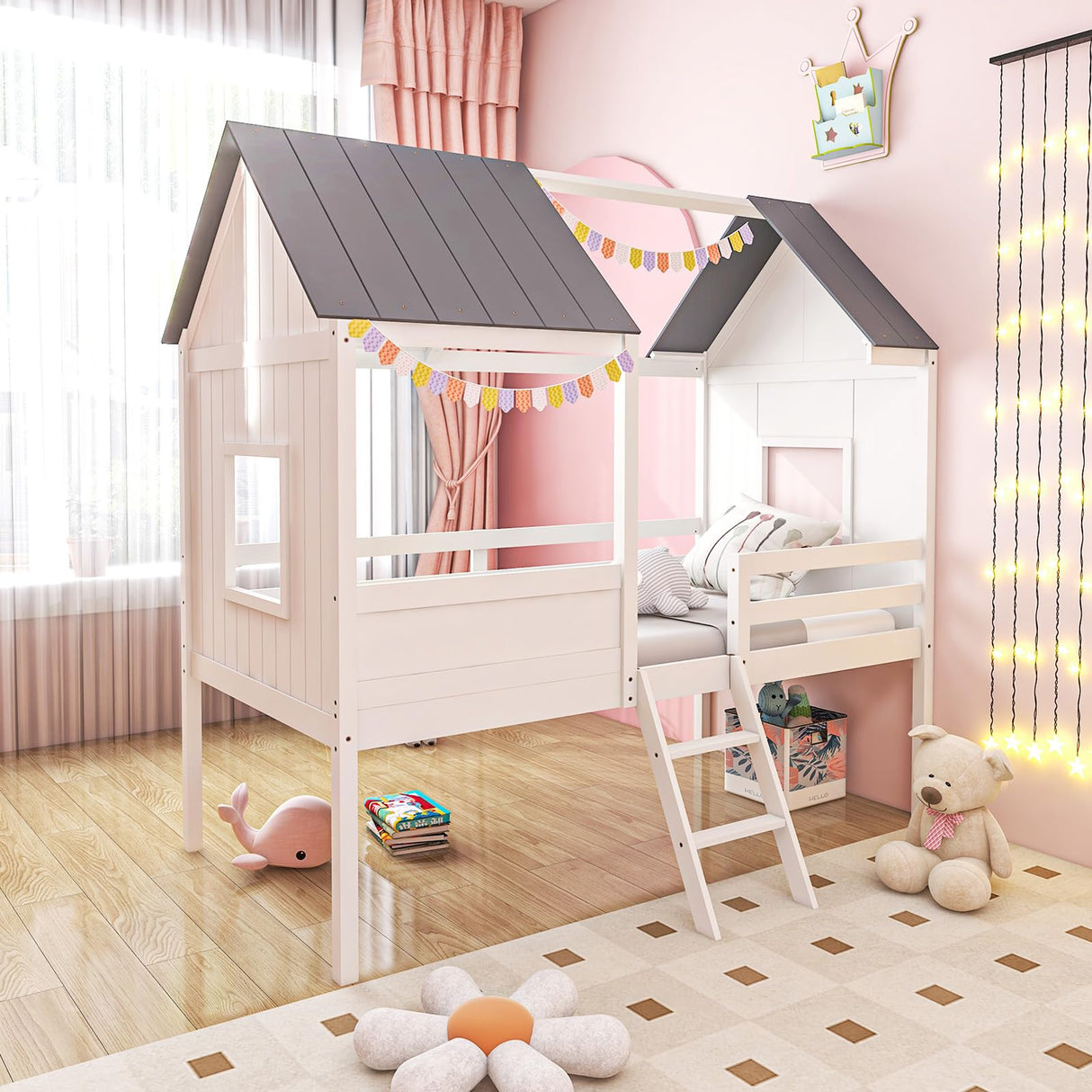 Bed Frame, Kids Low Loft Bed Frame with Roof, Side Windows & Ladder, Wooden Slatted