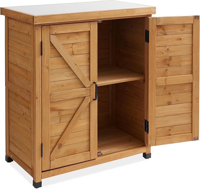 Outdoor Garden Potting Bench with Metal Tabletop and Storage Cabinet
