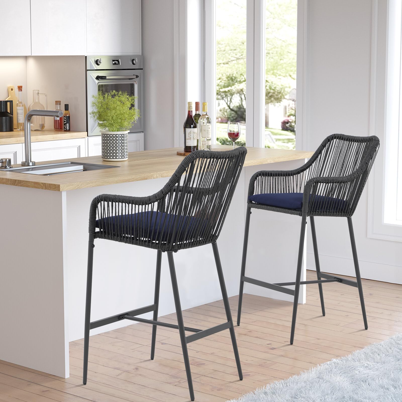 Wicker Bar Stools Set of 2, Patio Outdoor Rattan Bar Height Chairs with Cushions