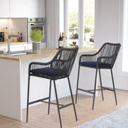 Wicker Bar Stools Set of 2, Patio Outdoor Rattan Bar Height Chairs with Cushions