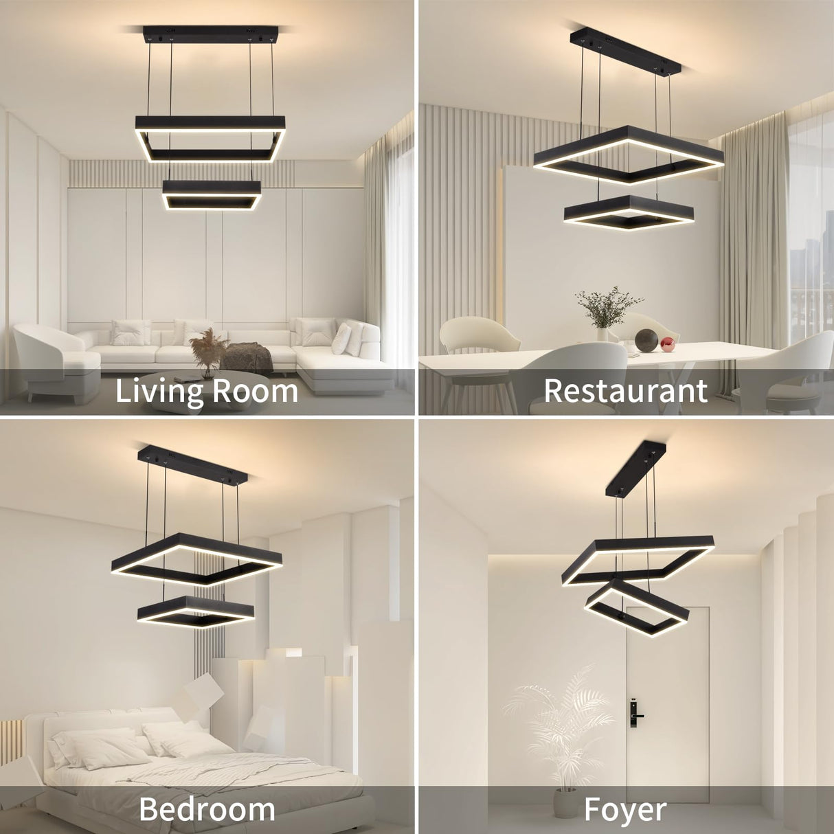 Behsig Modern Led Chandelier,2 Ring Rectangle Chandelier for Dining Room,Dimmable Black Modern Chandelier High Ceiling Hanging Lighting Fixture with Remote,Adjustable Foyer Chandelier