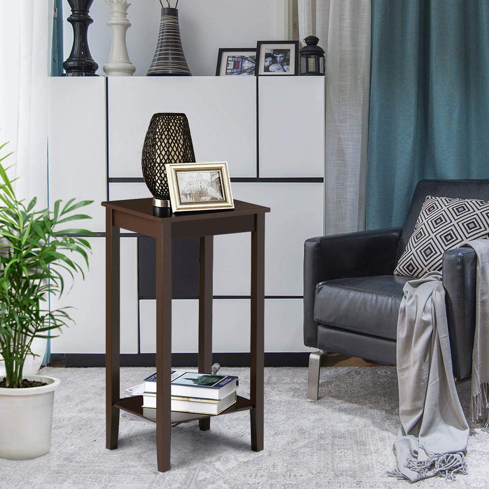 2-Tier Tall End Table with Storage Shelf and Solid Wood Legs