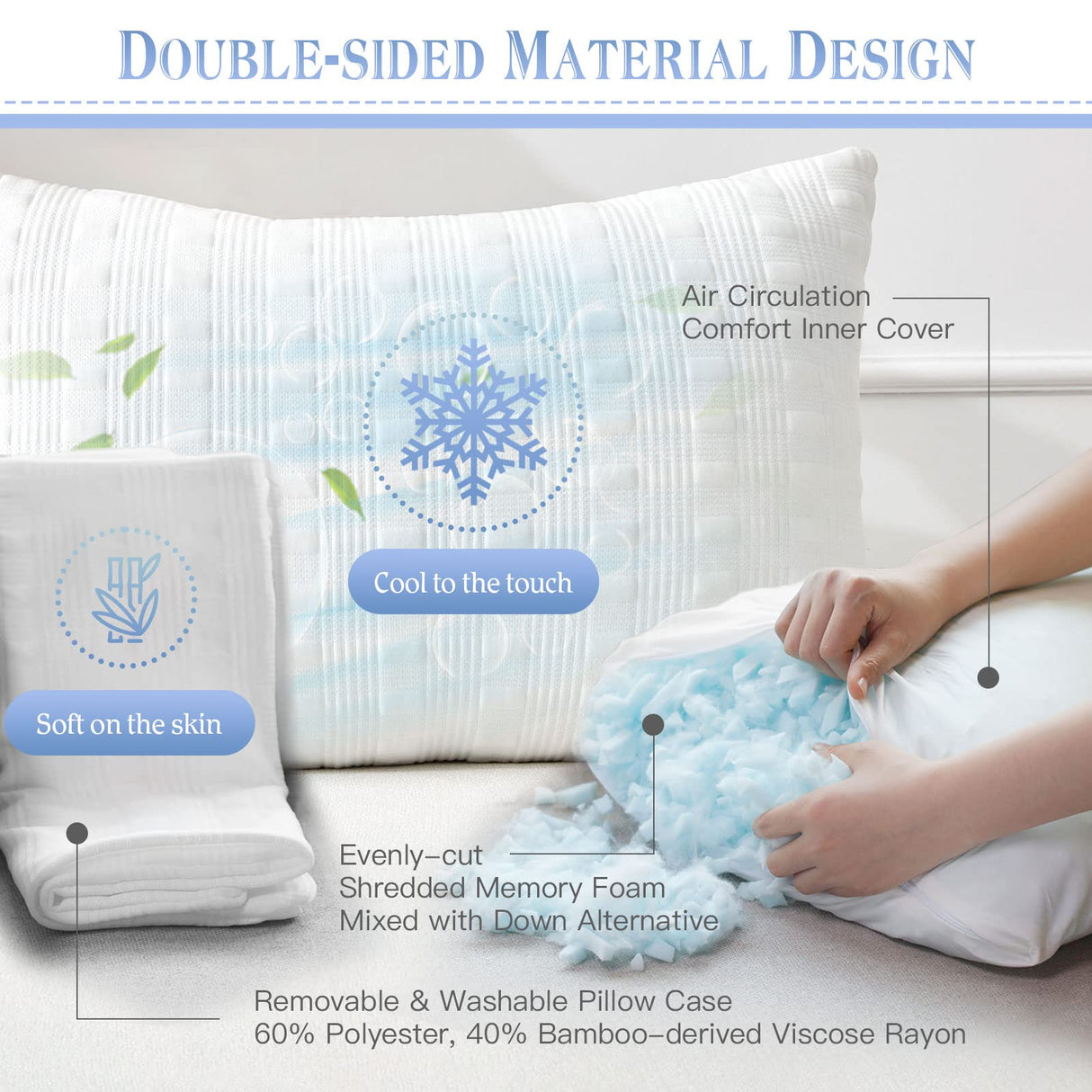 Cooling Pillows for Sleeping Queen Size Set of 2,Shredded Memory Foam Bed Pillow