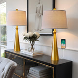 25.75” Modern Table Lamps with USB Port Set of 2 Accent Gold Nightstand Lamp