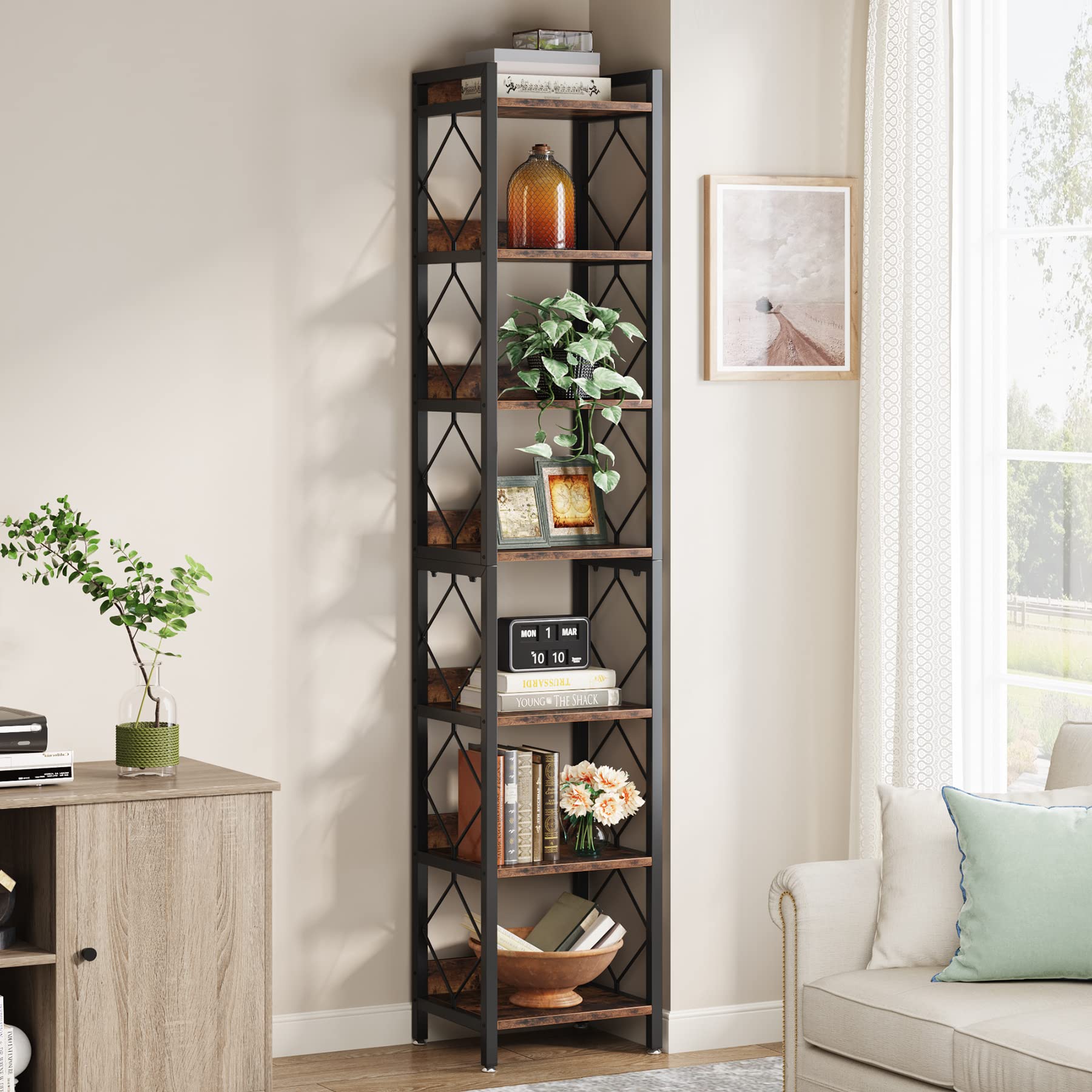 78.7 Inch Extra Tall Narrow Bookshelf, 7 Tier Skinny Bookcase for Small Spaces