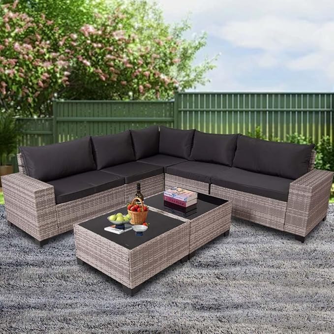 7 Piece Outdoor Wicker Patio Furniture Sectional Set, Wide Handrail Modular Conversation with Washable Cushions & Glass Coffee Table for Garden, Poolside, Backyard (Greywhite-Dark Blue)