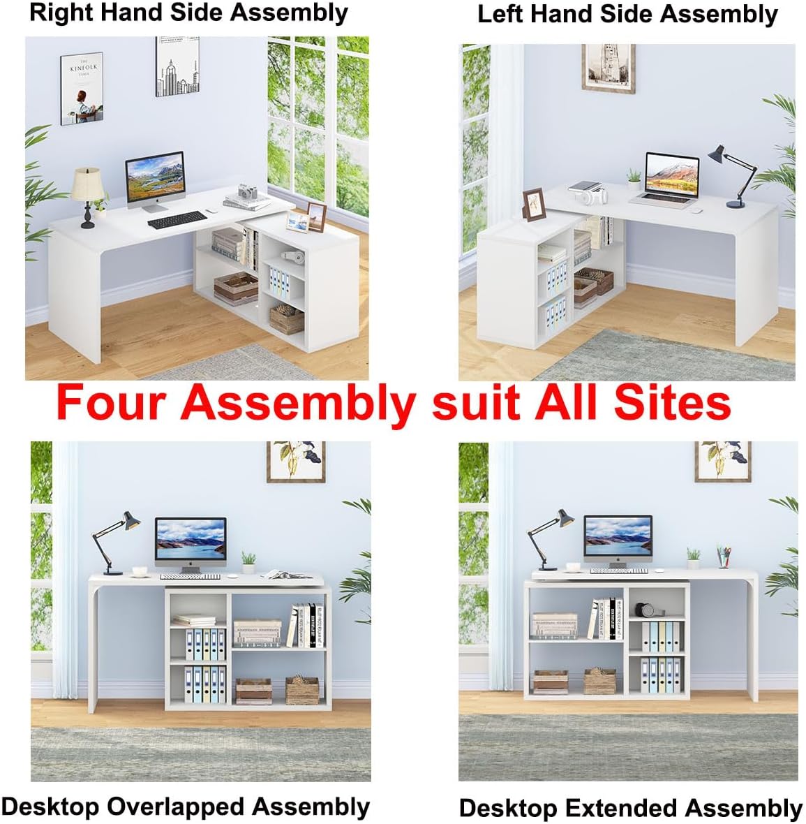 White L Shaped Desk with Shelf, Reversible Modern Home Office Desk Workstation