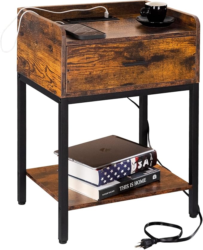 Nightstand with Charging Station and USB Ports, Natural Night Stand with Storage Drawers