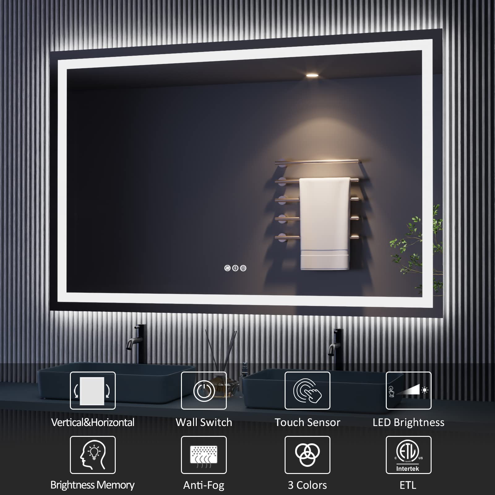 LED Bathroom Mirror Front and Backlight, Large Dimmable