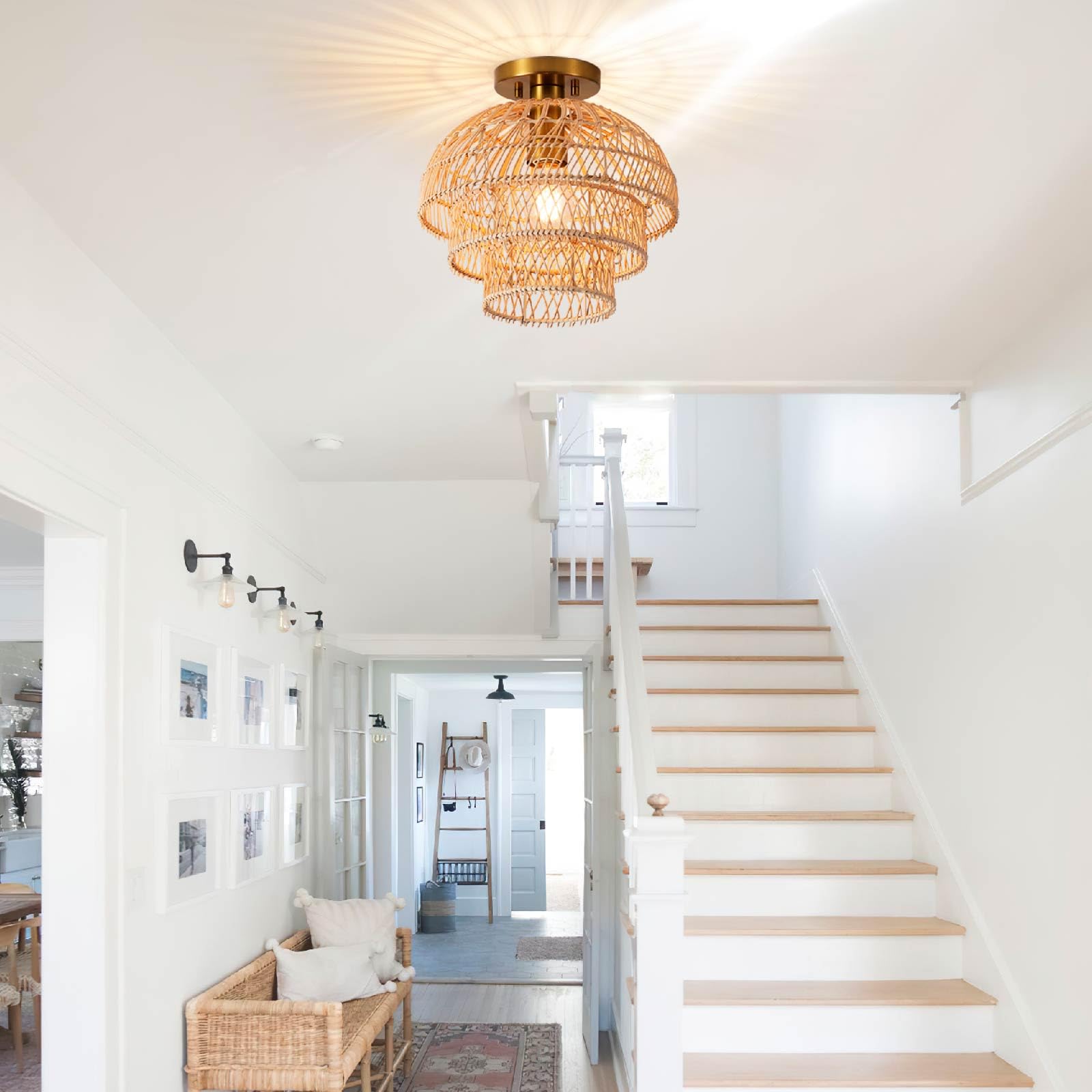 12'' Rattan Ceiling Light Fixtures Boho Chandelier Rattan Semi Flush Mount Ceiling Light