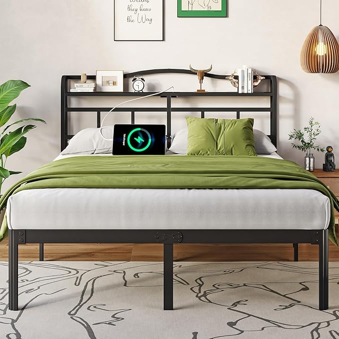 Twin Bed Frame with Headboard and USB & Type C Charging Station, Heavy Duty Metal