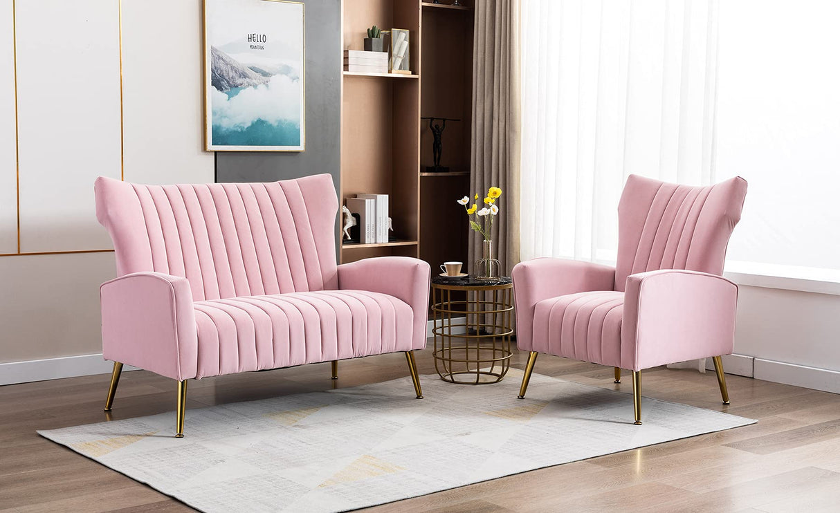 Tufted Contemporary Velvet Wingback HighBack Loveseat Sofa Chair Upholstered Couch with Gold Metal Legs Two-Seat Sofa for Living Room Bedroom Apartment Small Space Dorm, Pink