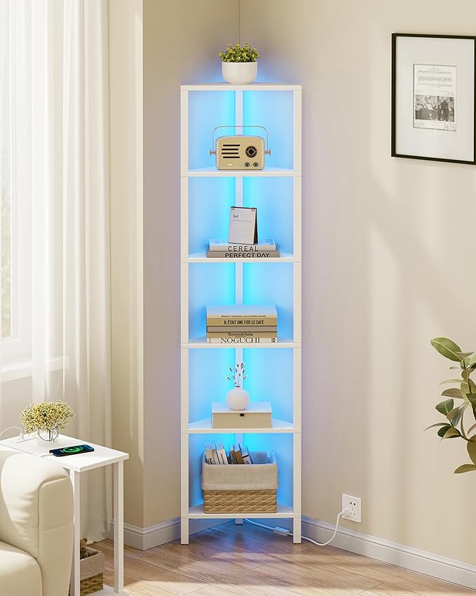Corner Shelf with LED Light, 6-Tier Corner Bookshelf for Small Space, Narrow Display C