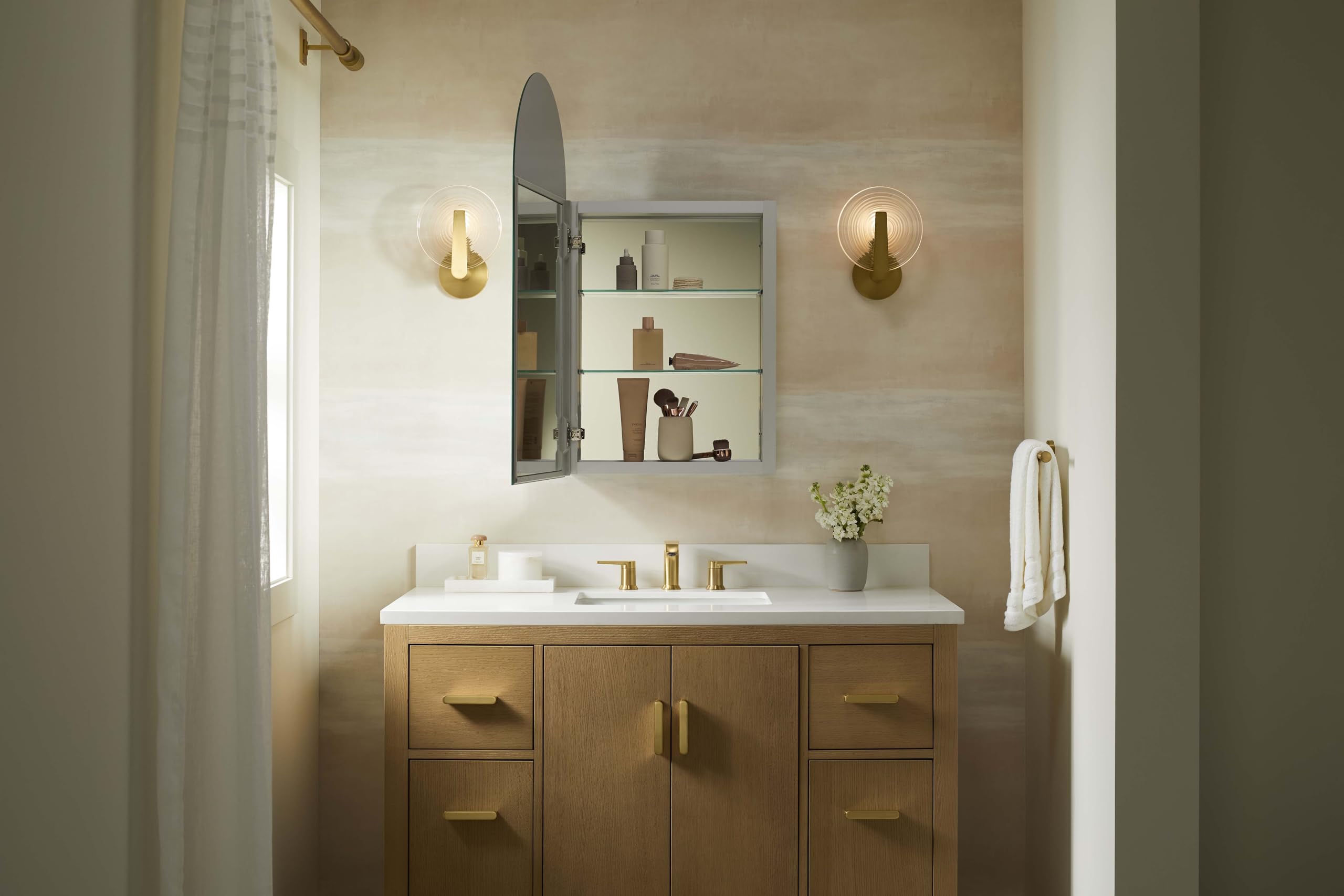 Embark Medicine Cabinet, Deep Storage with Adjustable Shelves and Arch Mirrored Door,