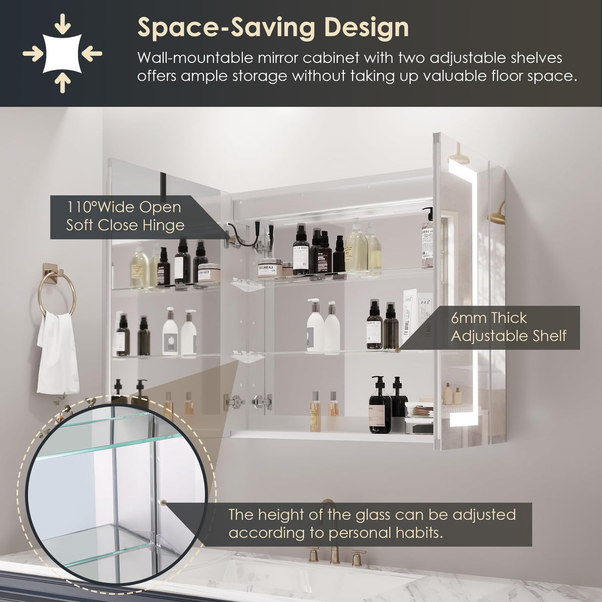 Lighted Medicine Cabinets for Bathroom, 30x36 Inches Bathroom Medicine Cabinet with LED Mirror,