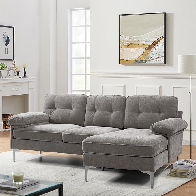 82" Modern Couch w/Chaise, L Shaped Sofa Couch Reversible, Chenille Small Sectional