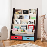 Kids Book Rack with 2 Storage Bins, Wooden Toddler Bookshelf with 4 Sling Shelves