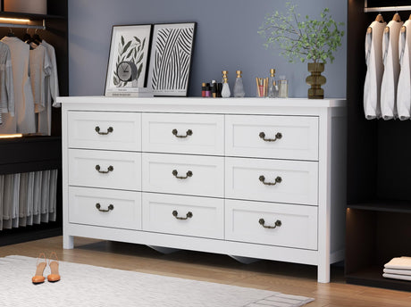 9 Drawer Triple Dresser for Bedroom, 63" Dresser TV Stand for TVs up to 75",Wide Chest of Drawers,Large Storage Long Dressers Organizer with Vintage Pull for Bedroom,Living Room (White)