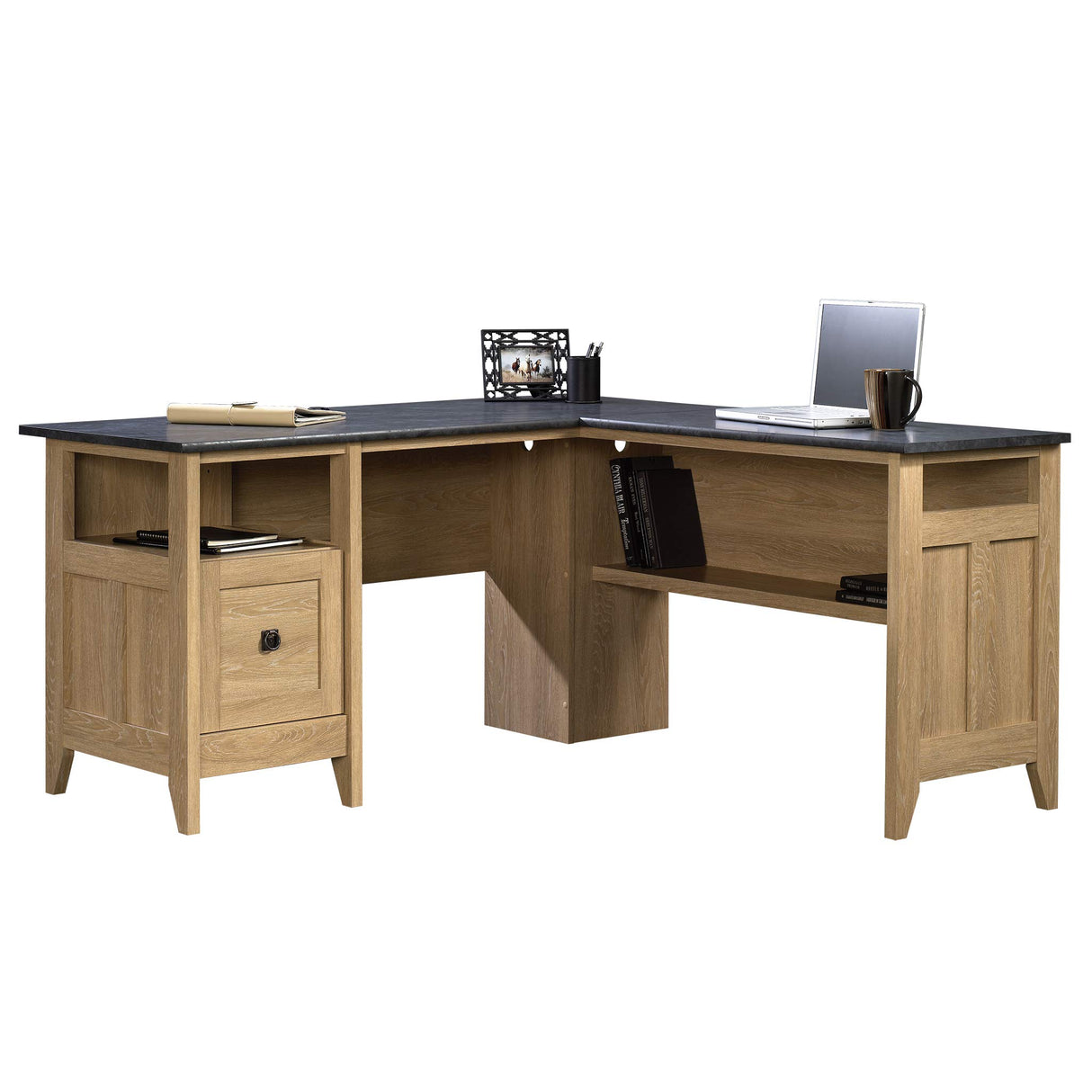 August Hill L-Shaped Desk – Dover Oak Finish with Slate Accents