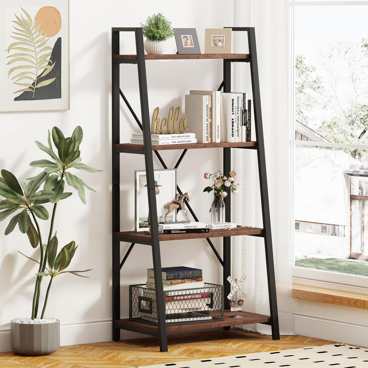 Industrial Ladder Shelf Bookcase, 4 Tier Rustic Ladder Bookshelf, Standing Leaning Book
