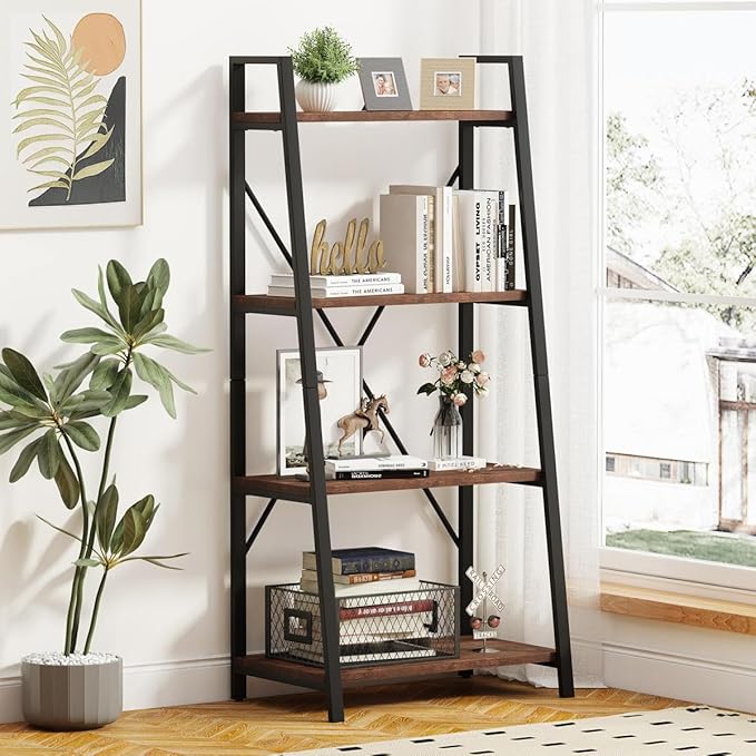 Industrial Ladder Shelf Bookcase, 4 Tier Rustic Ladder Bookshelf, Standing Leaning Book