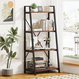 Industrial Ladder Shelf Bookcase, 4 Tier Rustic Ladder Bookshelf, Standing Leaning Book