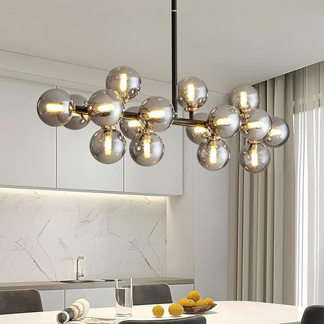 Modern Linear Chandelier Black Hanging Pendant Light with Milky White Glass Globe Lampshade Mid Century Sputnik Pendant Light Fixture for Kitchen Island Dining Room 16 Lights