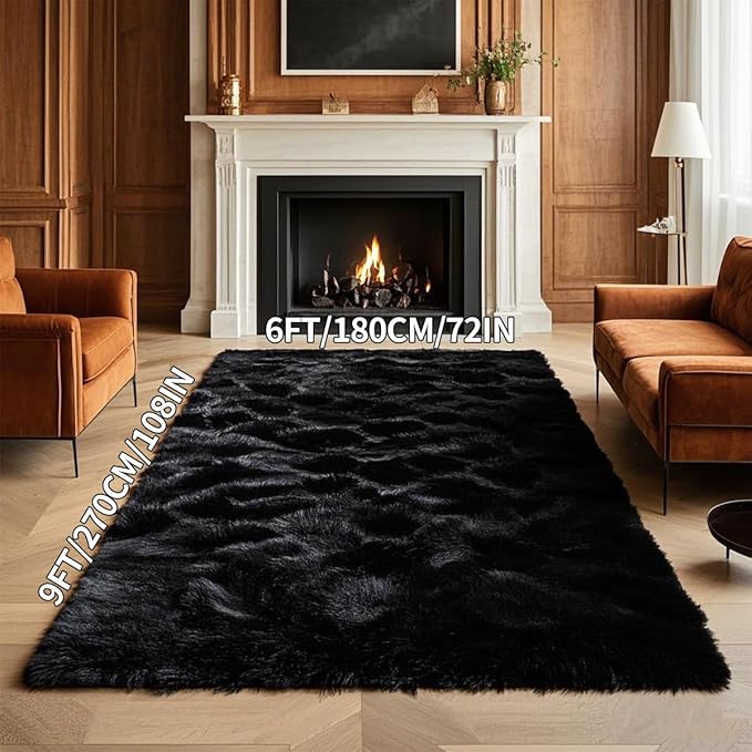 Area Rugs 9x12 Living Room, Black Large Area Rug Shag Shaggy Carpet Soft Plush Furry