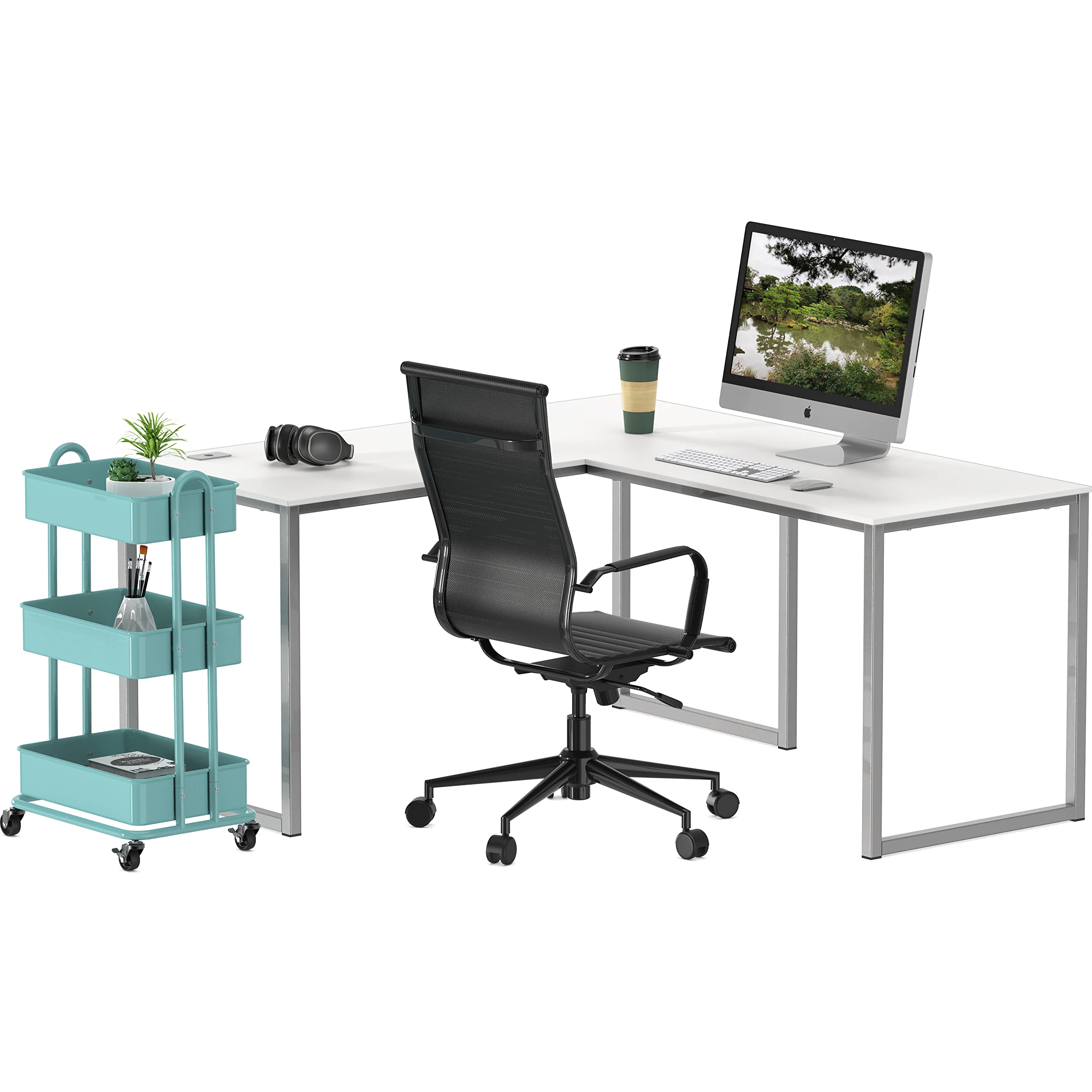 Home Office 55-Inch Large L Shaped Corner Desk, 24" Deep, White