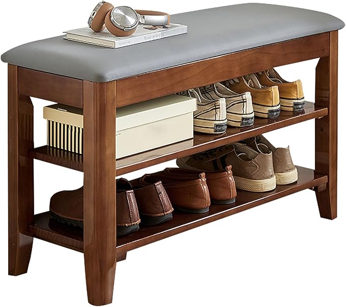 2 Tier Shoe Bench, Shoe Rack with PU Leather Padded Cushion