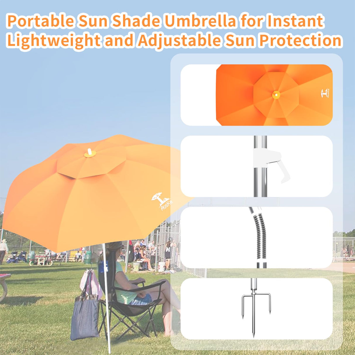 Beach Umbrella 6.5FT Portable - Patio Umbrella with Sand Anchor Tilt Vent - UPF50+ UV Protection