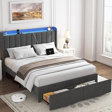 Full Size Bed Frame with Storage Headboard, Upholstered Platform Bed Frame