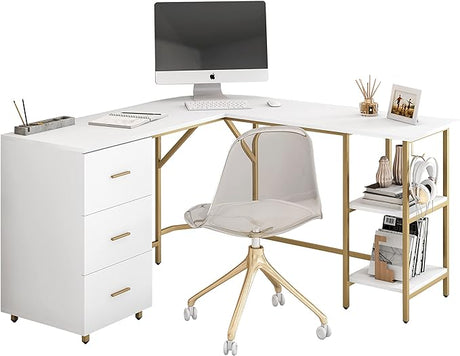 L Shaped Desk - Two-Toned Computer Desk with Drawers & Storage Shelves