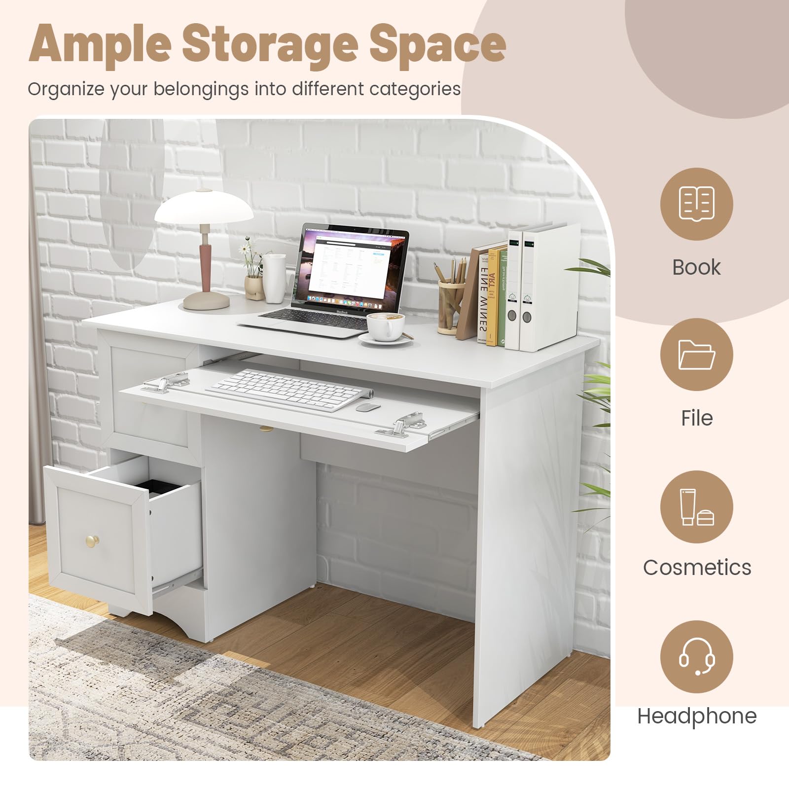 White Desk with 3 Drawers, Wooden Home Office Desk PC Laptop Notebook Desk
