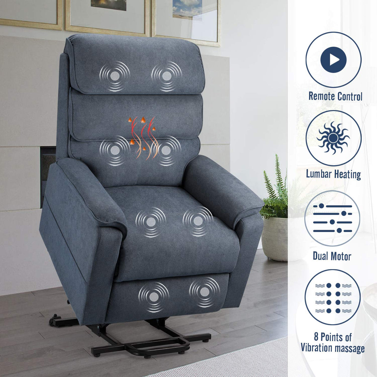 Motor Electric Power Recliner Lift Chair Linen Fabric Electric Recliner for Elderly, Heated Vibration Massage Sofa with Side Pockets & Remote Control, Gray-Blue