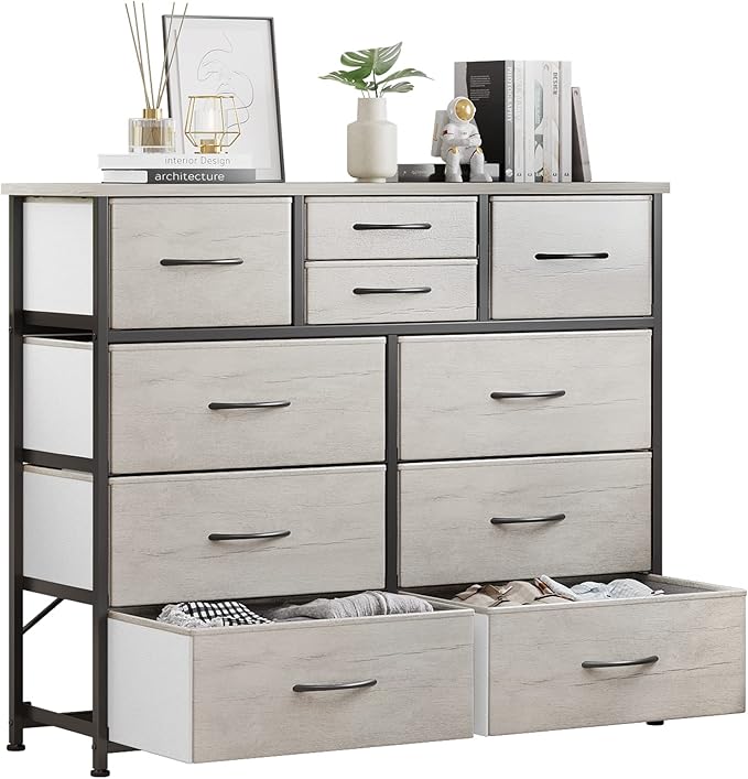 10-Drawer Dresser, Fabric Storage Dressers Drawers for Bedroom, Hallway, Nursery, Closets, Steel Frame, Wood Top, Easy Pull Handle (White)