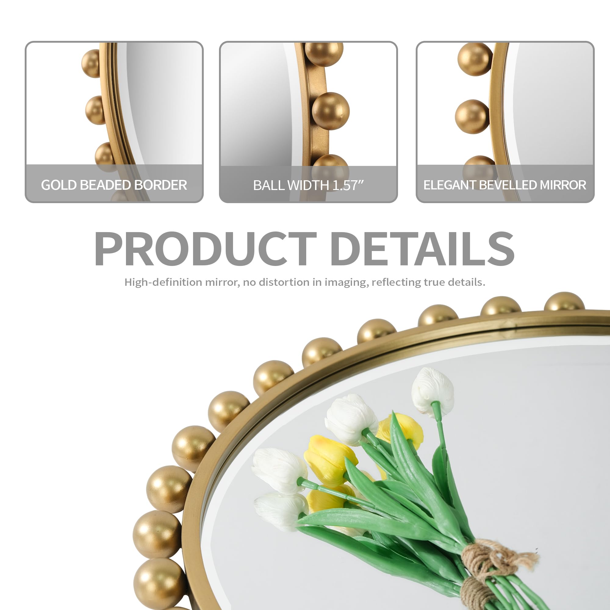 Antique Gold Round Mirror with Beveled Glass - 30 Inch Beaded Decorative Wall Mirror