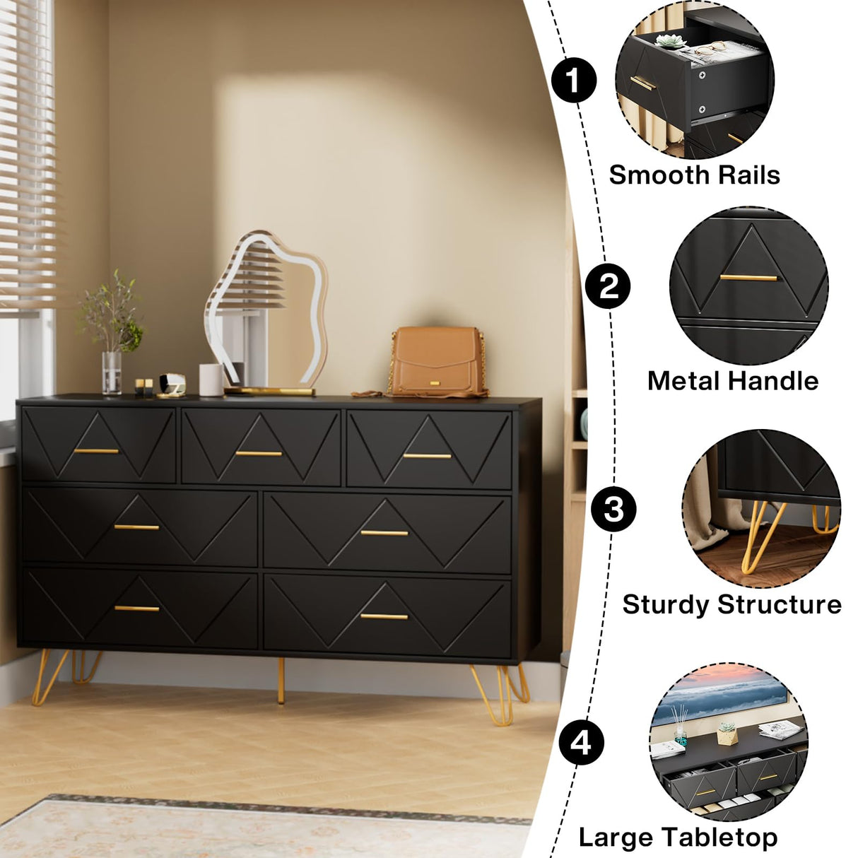 Dresser for Bedroom, 7 Drawer Dresser, Black Dresser with Gold Handles