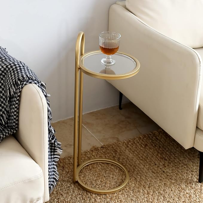 Black Glass Small Drink Snack Accent Martini Table, C Shaped Side End Table
