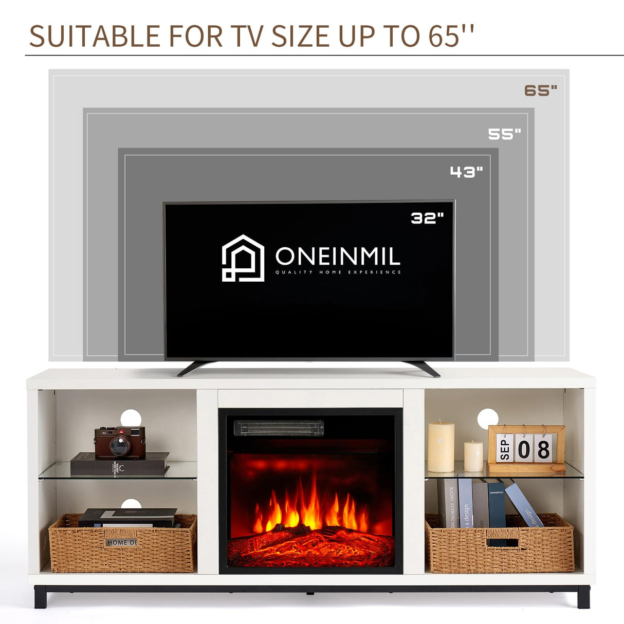 Electric Fireplace TV Stand with Adjustable Glass Shelves