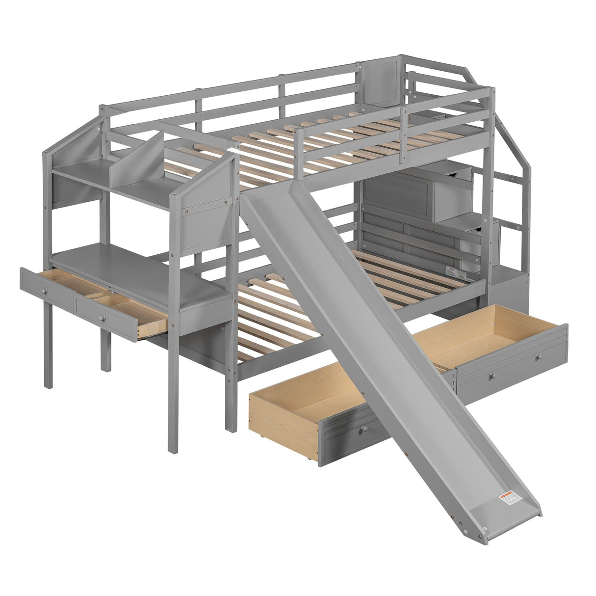 Wooden Bunk Bed with Desk, Twin Over Twin Bed Frame with Storage Drawers Slide