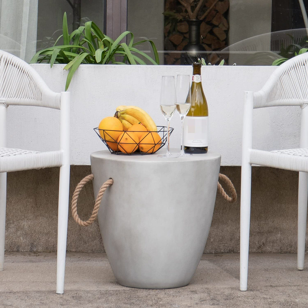COSIEST Outdoor Shaped Side Table with Concrete Top & Hemp Rope Handles, 17'' Patio Accent Table for Garden - Bircata