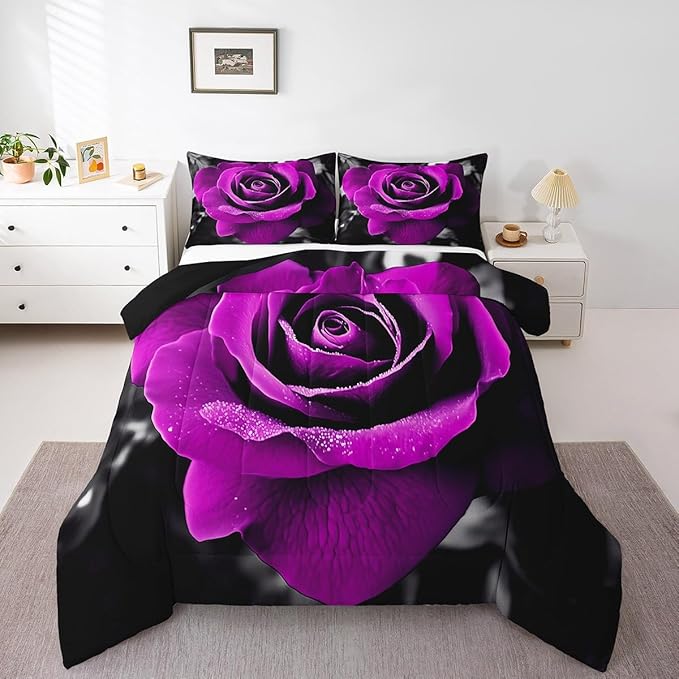 Grey Red Floral Rose King Comforter Set,Gothic Romantic Flower Rose Bedding Set