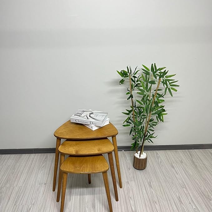 Solid Nesting Table Set of 3, Birch Mid Century Pebble Tables with Wood Tapered Legs