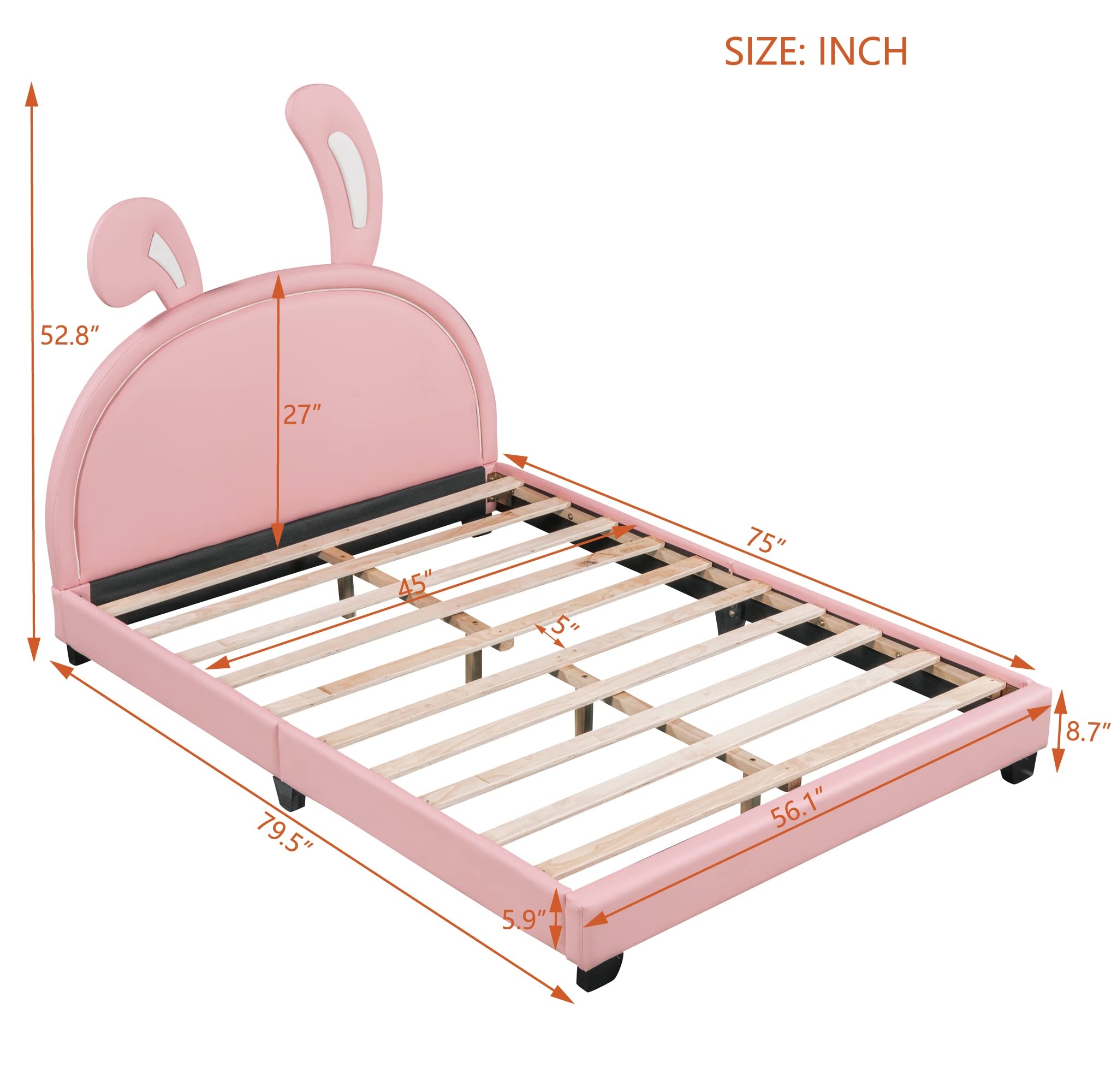 Full Size Upholstered Leather Platform Bed with Bunny Ears Headboard