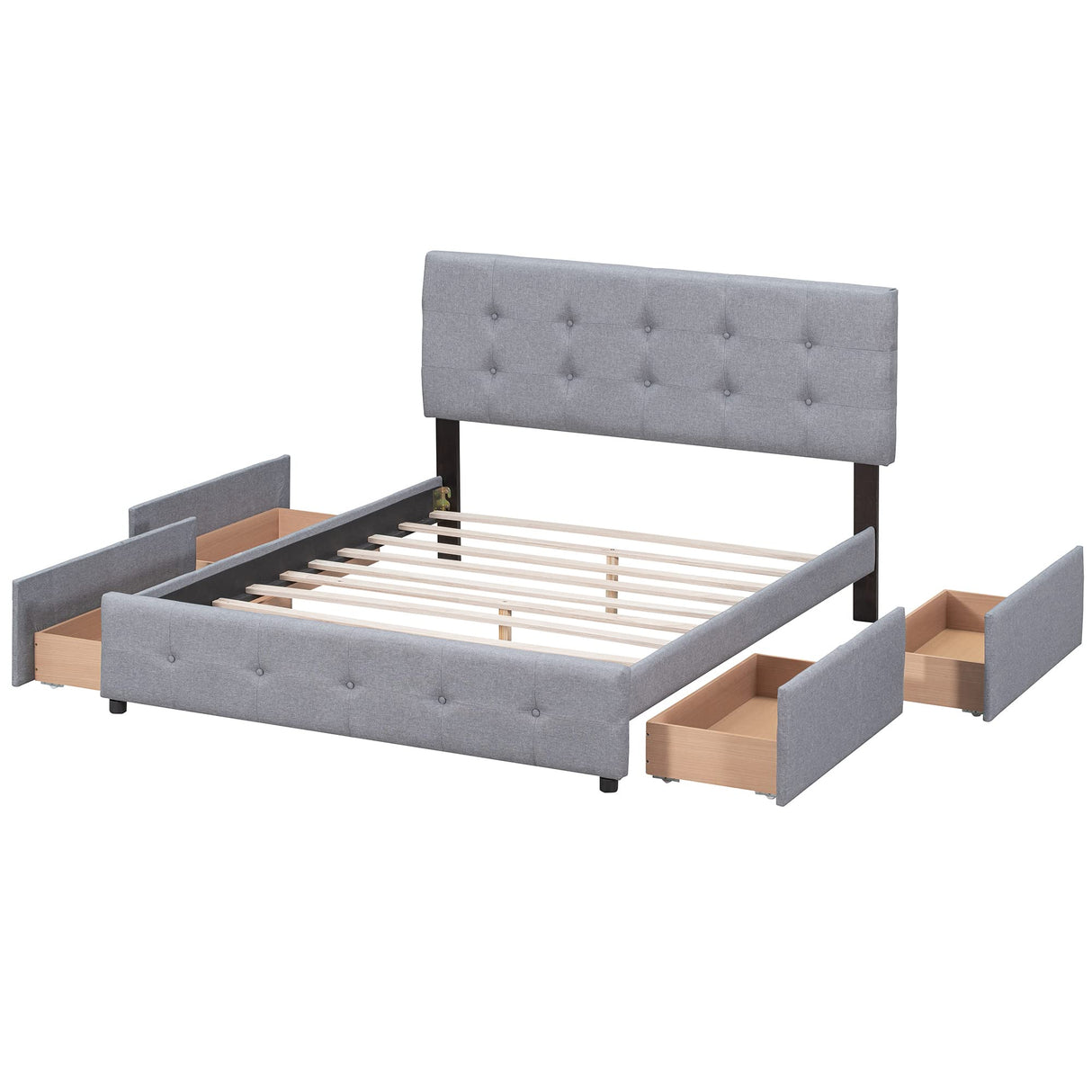 Queen Upholstered Platform Bed Frame with Classic Headboard and 4 Drawers, No Box