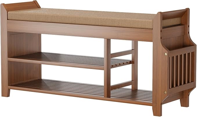 Bamboo Shoe Rack Bench with Removable Cushion, 2 Tier Entryway Shoe Storage Organizer Shelf